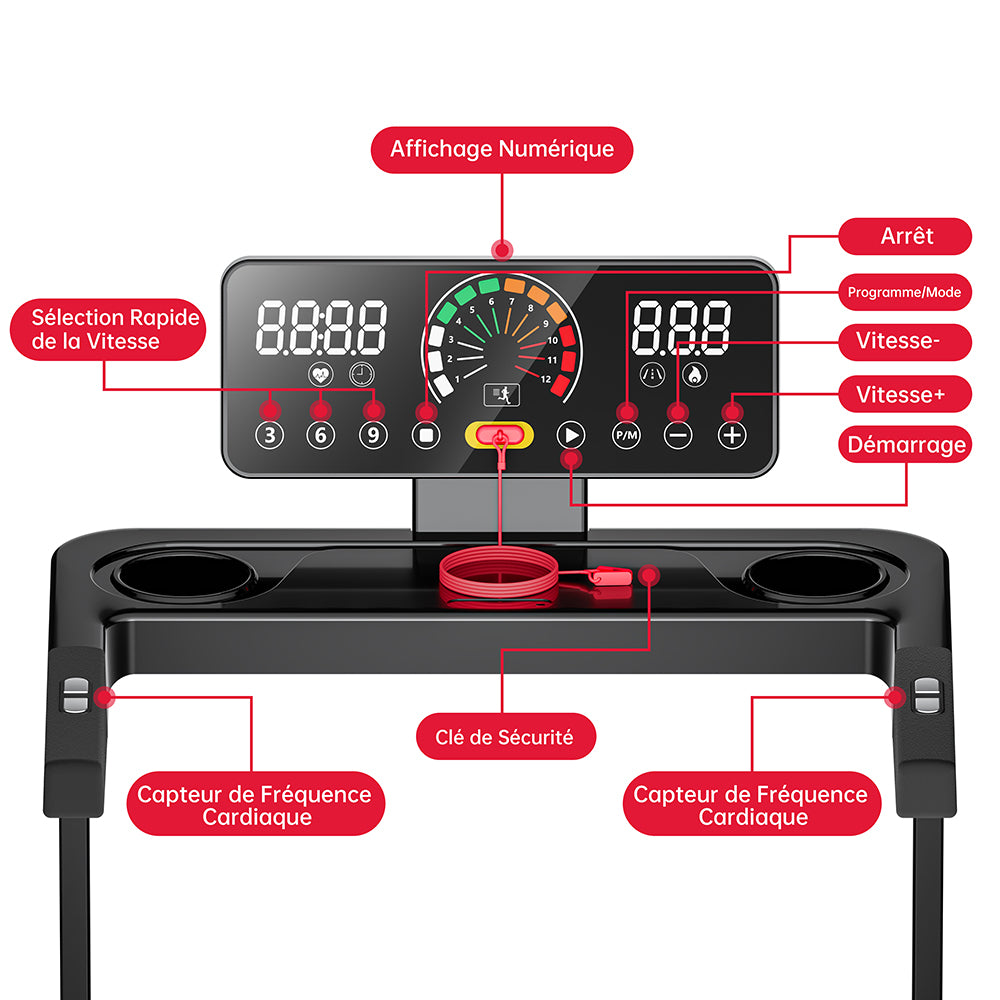 Tapis de Course Pliant Q8, Vitesse 1-12KM/H, Inclinaison Manuelle 5%