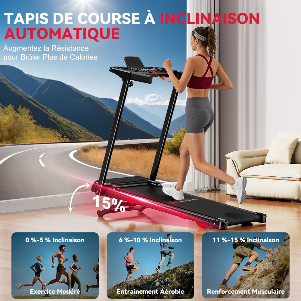 Tapis de Course Pliant Q5 avec Inclinaison, Moteur sans Balais, Vitesse 1-12KM/H